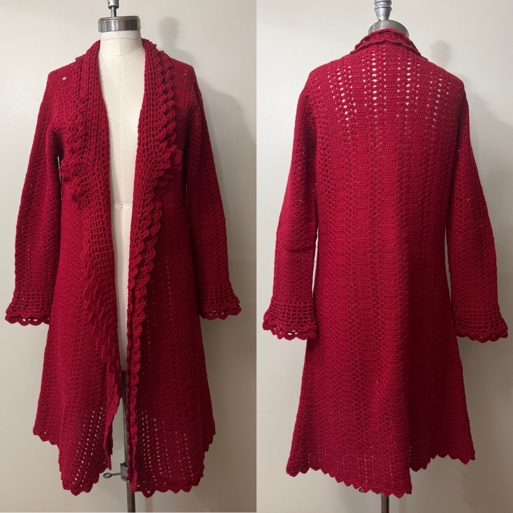 RED 100% WOOL CROCHET LONG CARDIGAN WITH SCALLOPED EDGING AND FLARED SLEEVES